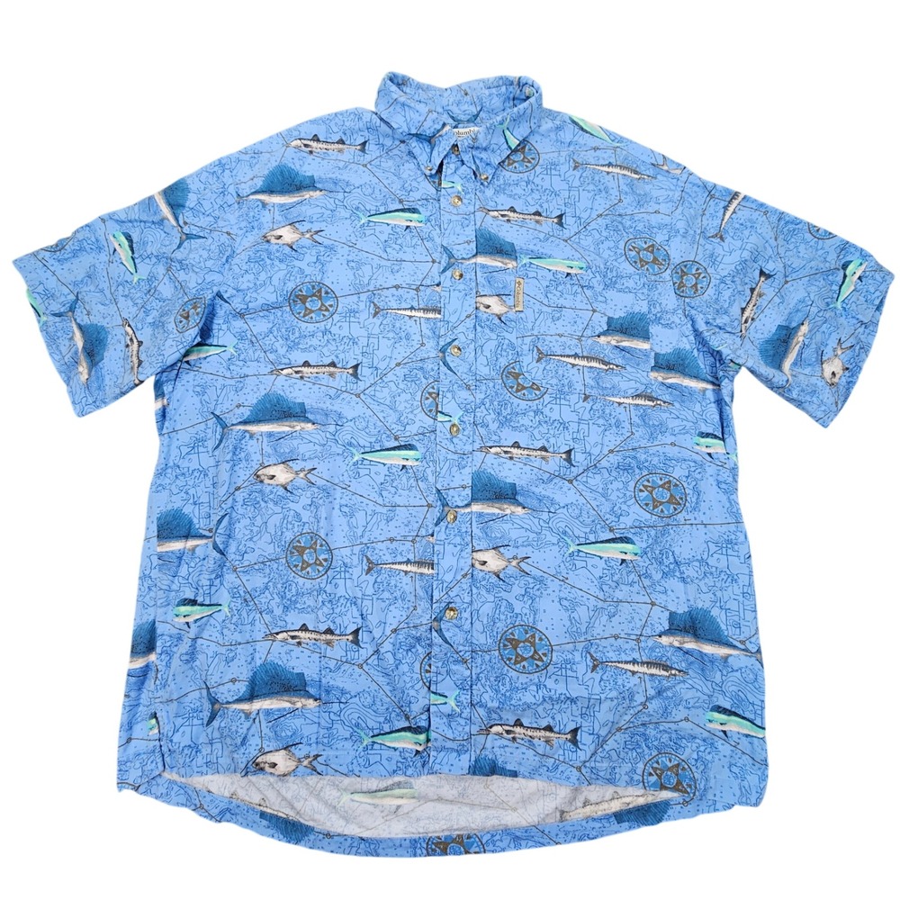 Vintage 2005 Columbia Nautical Map Fish‎ Print Shirt Men's XXL Blue Viscose Y2K